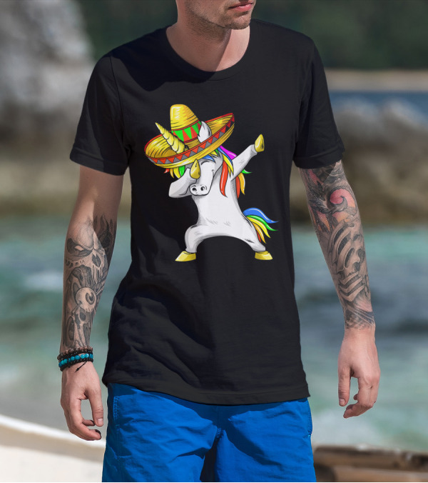 Dabbing Cinco De Mayo Unicorn With Sombrero And Rainbow Mane T-Shirt