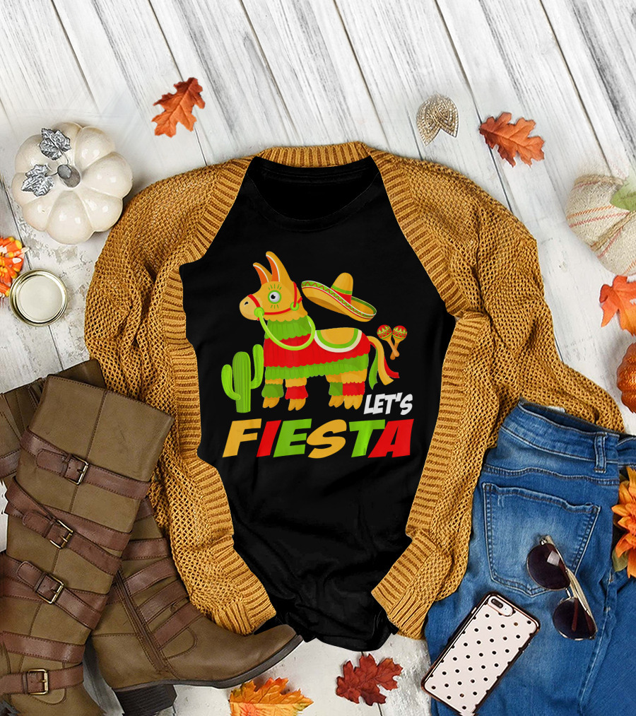 Let's Fiesta Cinco De Mayo Sombrero Piñata Cactus Maracas T-Shirt