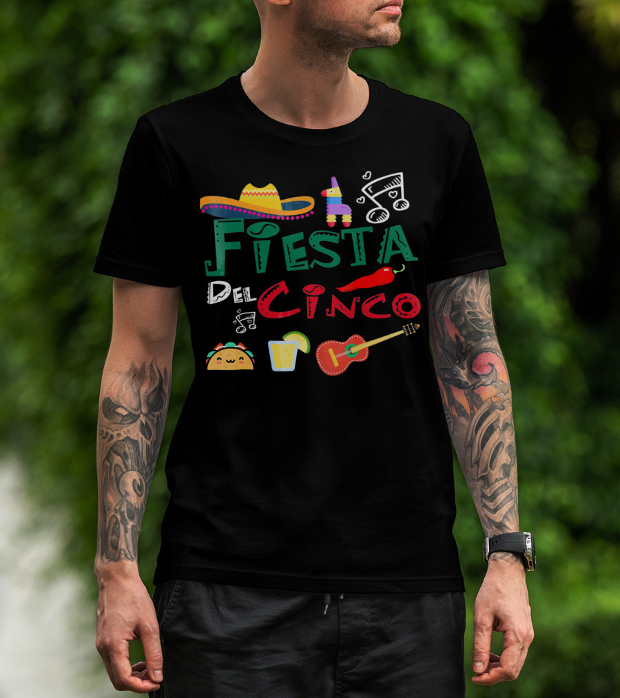 Fiesta Del Cinco Sombrero Piñata Taco Guitar Jalapeño Music Notes T-Shirt