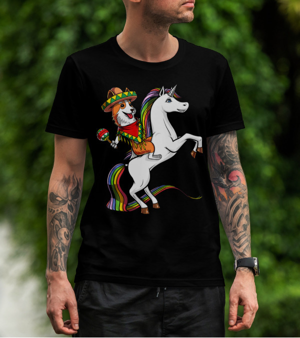 Corgi Riding Unicorn In Sombrero With Maracas Cinco De Mayo Mexic Fiesta T-Shirt
