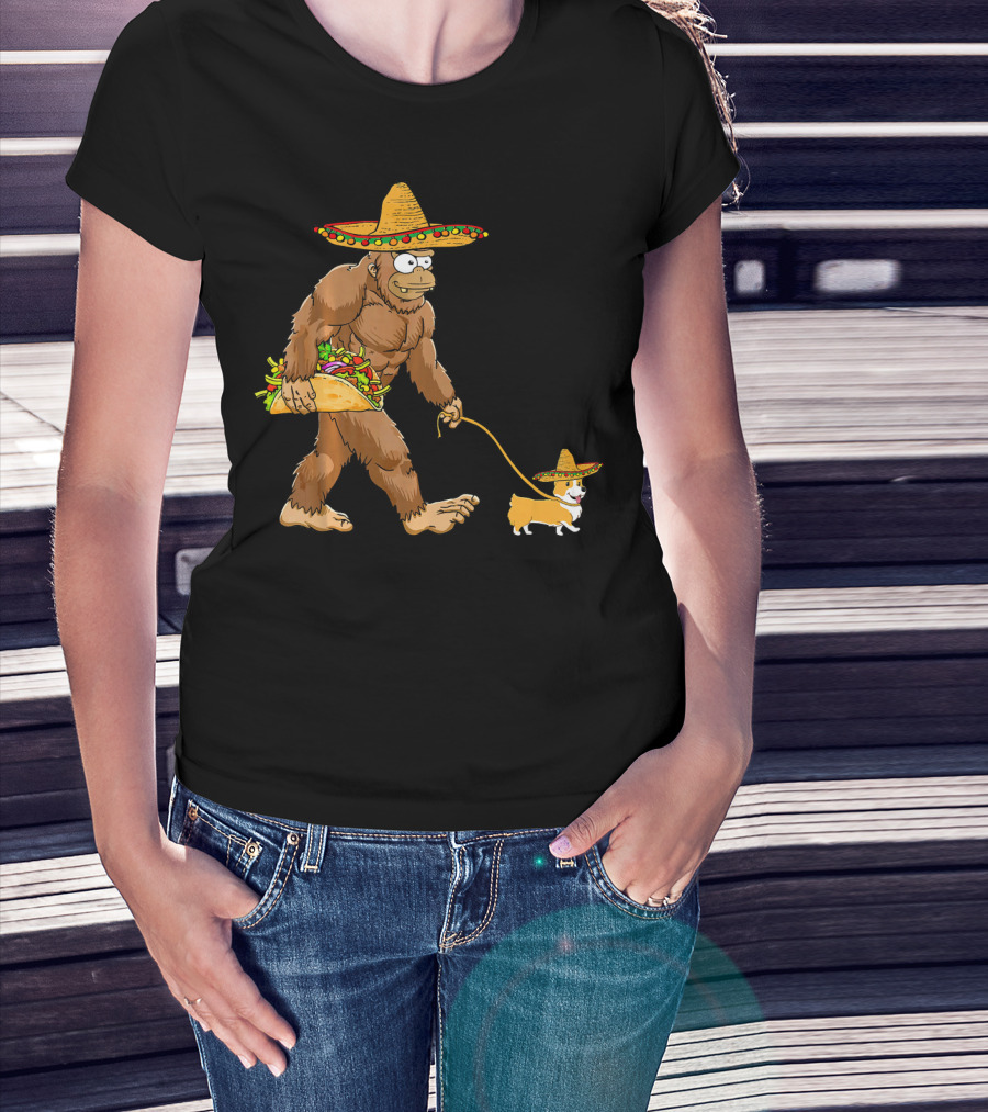 Bigfoot Sombrero Taco Corgi Dog Cinco De Mayo T-Shirt