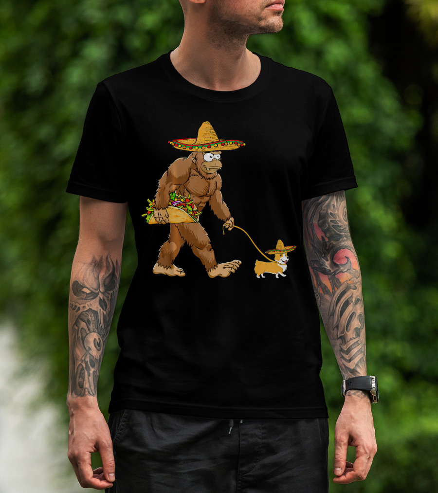 Bigfoot Sombrero Taco Corgi Dog Cinco De Mayo T-Shirt
