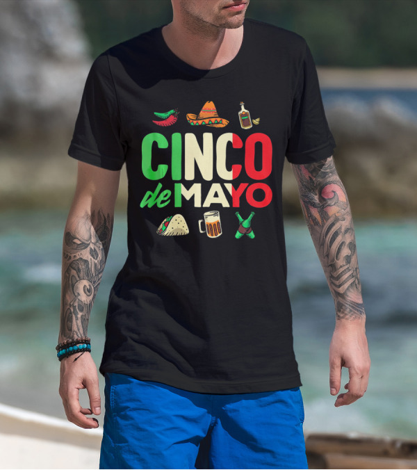 Cinco De Mayo Fiesta Sombrero Taco Beer Bottle Peppers T-Shirt