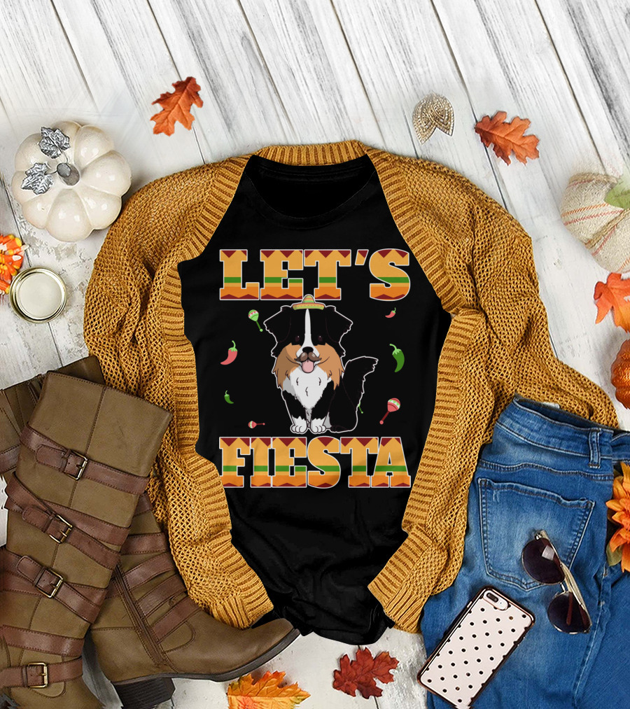 Let's Fiesta Australian Shepherd Dog Sombrero Maracas Peppers T-Shirt