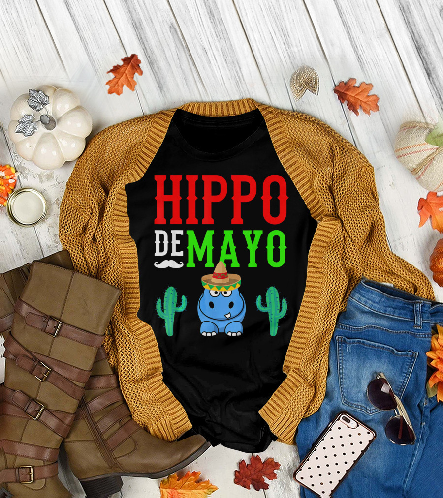 Hippo De Mayo Funny Mexico Fiesta With Sombrero Cactus T-Shirt