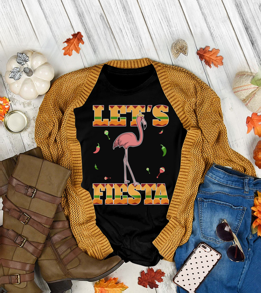 Let's Fiesta Flamingo Cinco De Mayo Mexic Peppers Maracas Fun T-Shirt