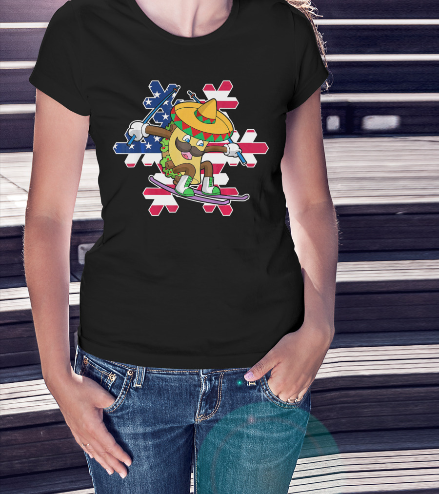 Taco Skiing Sombrero Cinco De Mayo Mexican American Flag Snowflakes T-Shirt