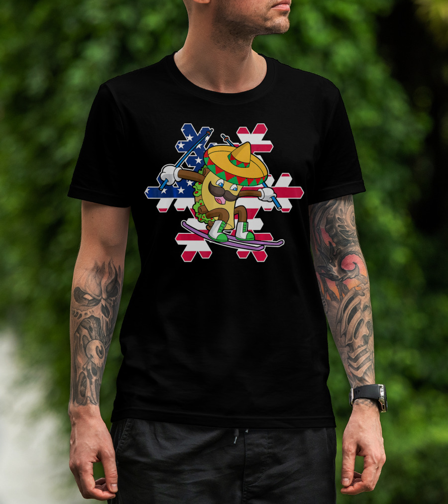 Taco Skiing Sombrero Cinco De Mayo Mexican American Flag Snowflakes T-Shirt