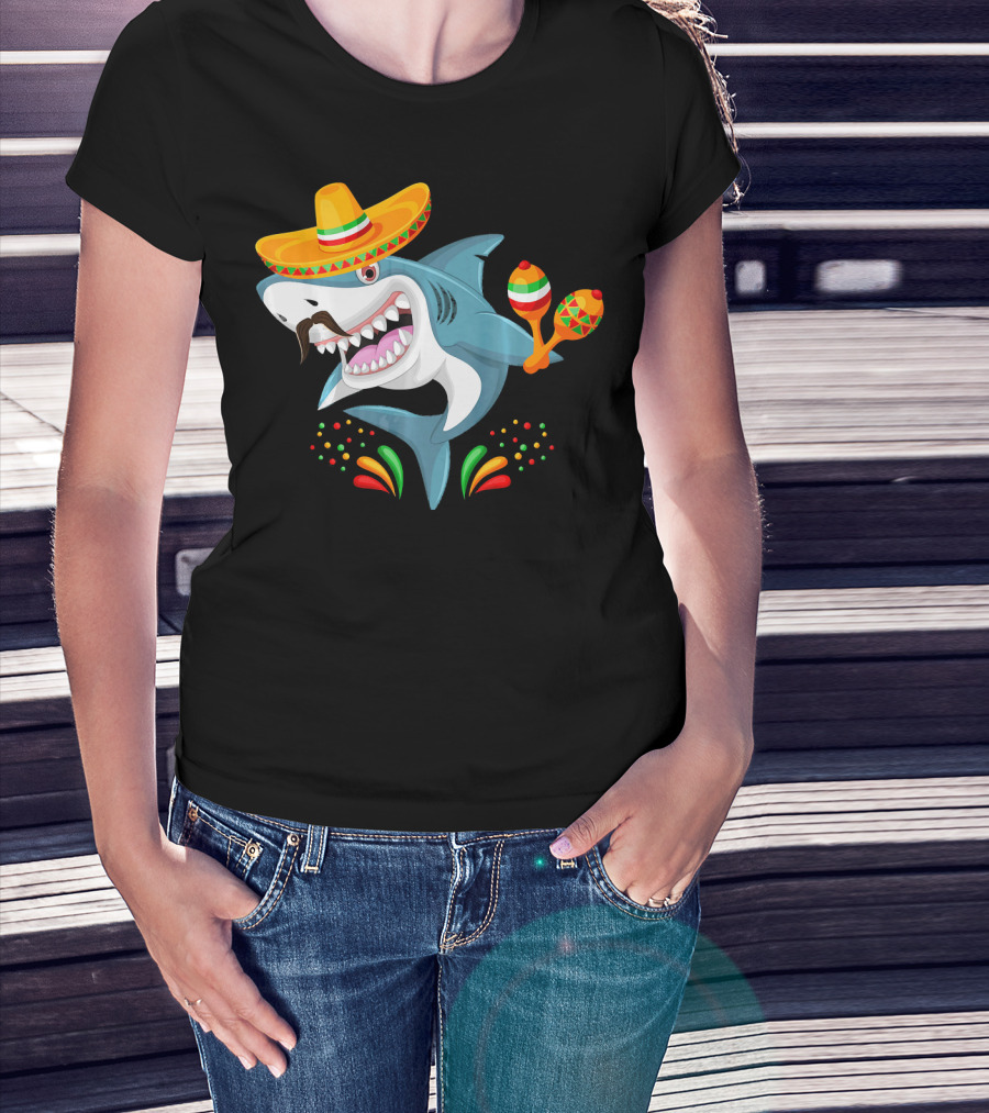 Cinco De Mayo Shark Sombrero Maracas Fiesta Mexican T-Shirt