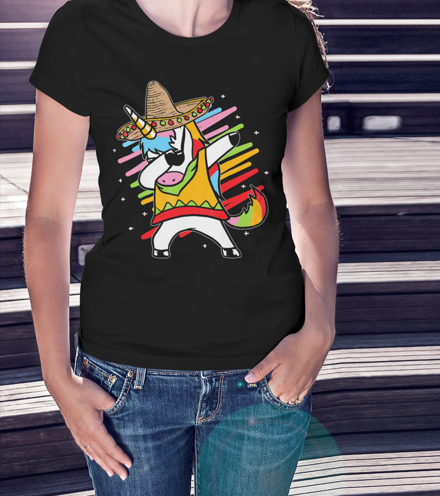 Dabbing Unicorn Cinco De Mayo Sombrero Rainbow Mexican Colors T-Shirt