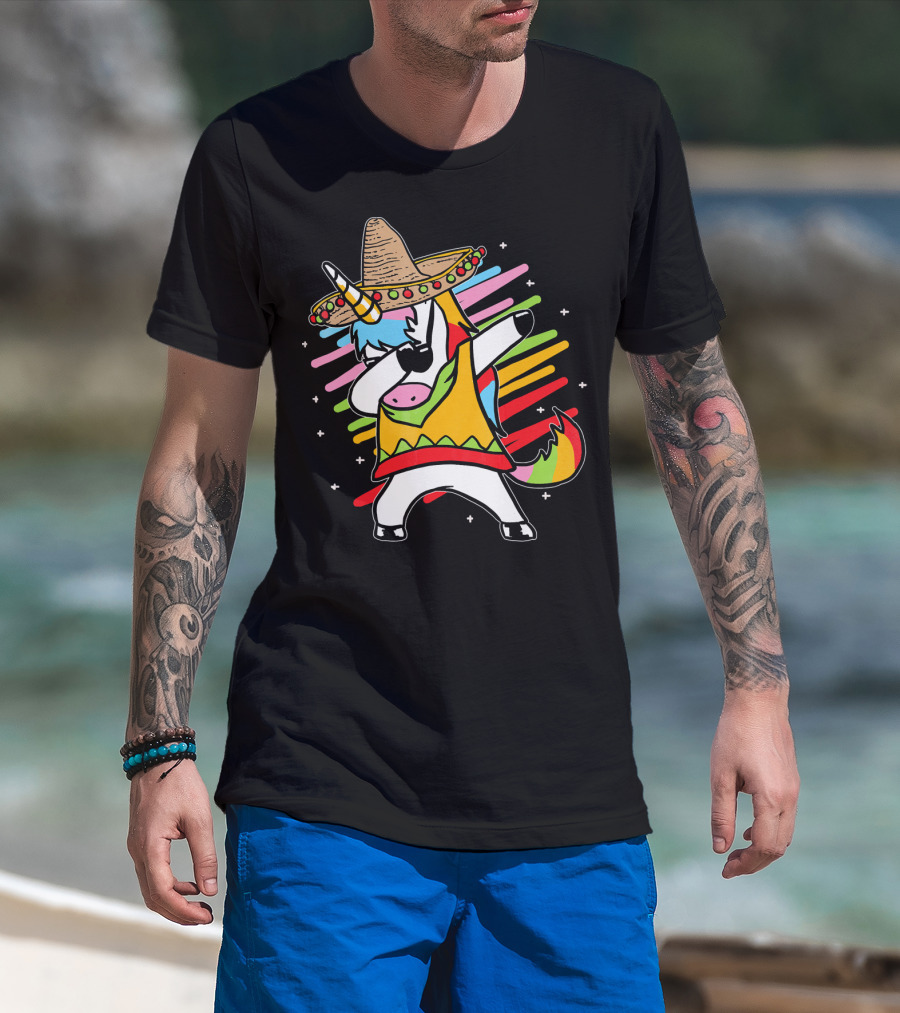 Dabbing Unicorn Cinco De Mayo Sombrero Rainbow Mexican Colors T-Shirt