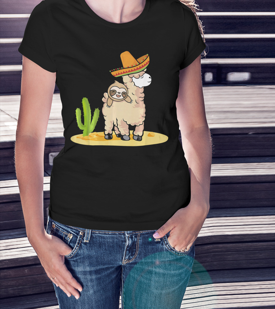 Cinco De Mayo Mexican Llama Sloth Riding Sombrero Cactus Desert Scene T-Shirt