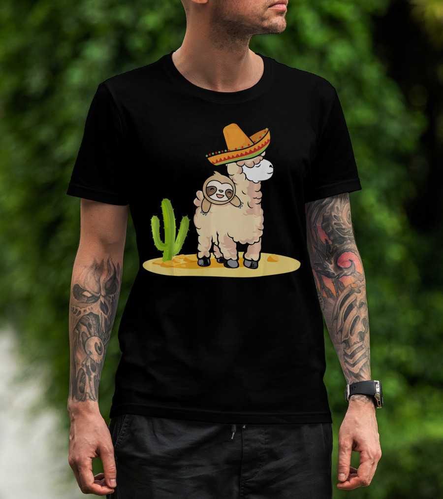 Cinco De Mayo Mexican Llama Sloth Riding Sombrero Cactus Desert Scene T-Shirt