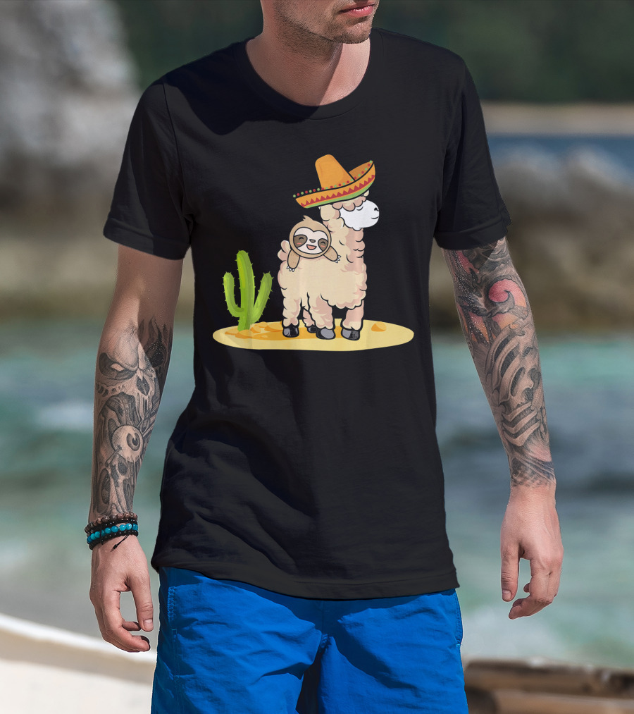 Cinco De Mayo Mexican Llama Sloth Riding Sombrero Cactus Desert Scene T-Shirt