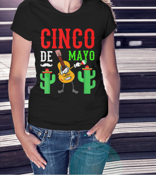 Cinco De Mayo Dabbing Guitar With Cactus And Mustache T-Shirt