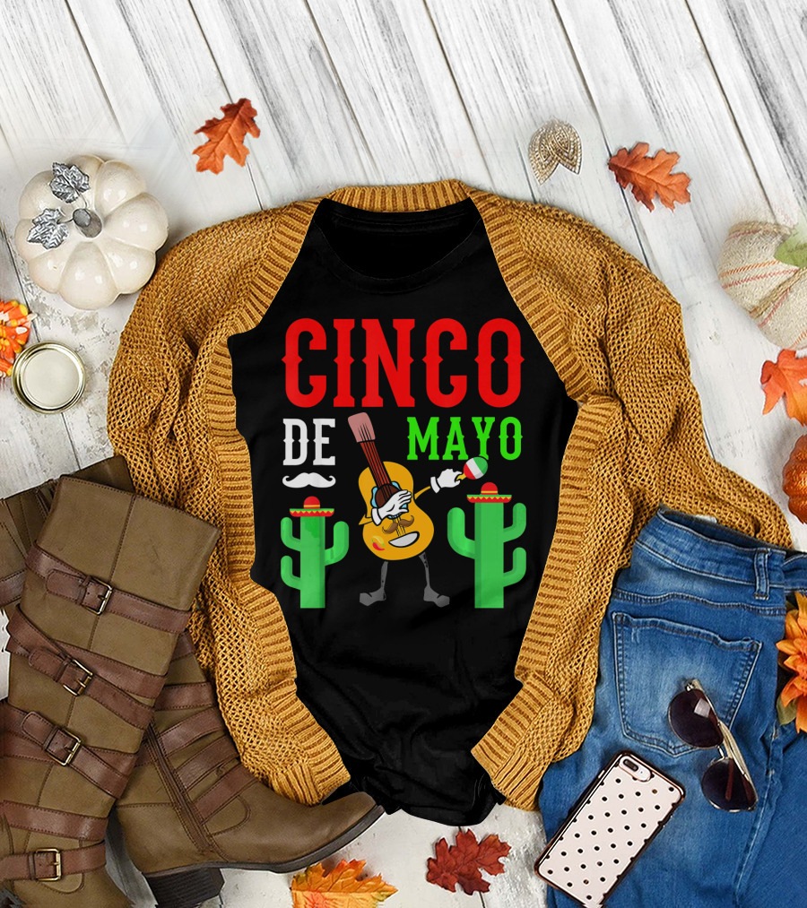 Cinco De Mayo Dabbing Guitar with Cactus and Mustache T-Shirt