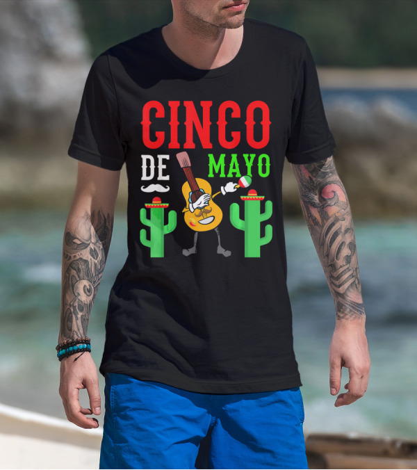 Cinco De Mayo Dabbing Guitar With Cactus And Mustache T-Shirt