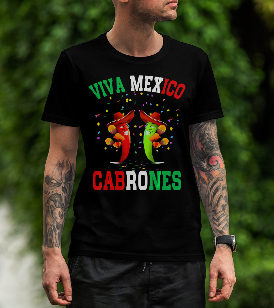 Viva Mexico Cabrones Red Green Chili Peppers Sombreros Confetti T-Shirt