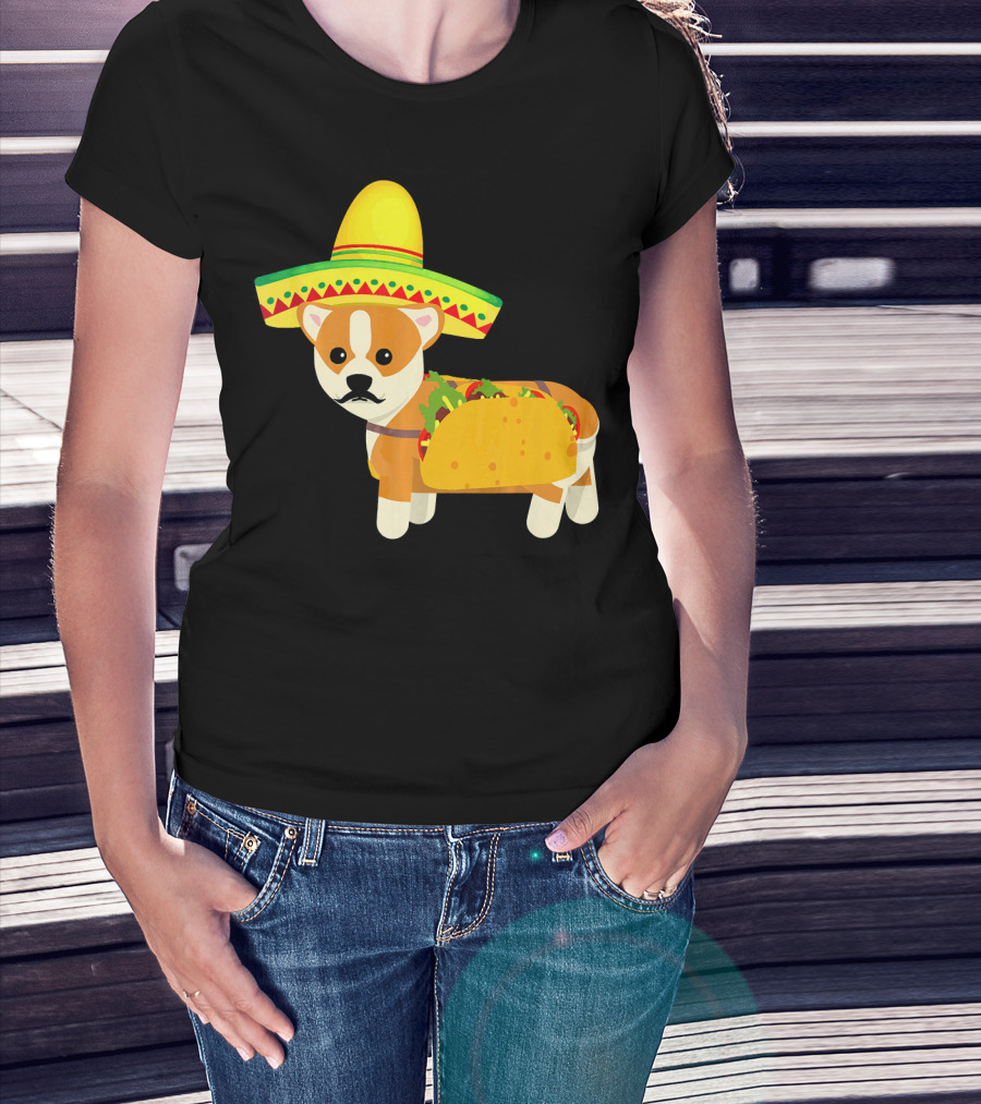 Funny Mexican Corgi In Sombrero Taco Cinco De Mayo T-Shirt
