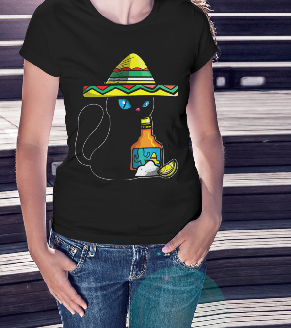 Cinco De Mayo Women With Cat In Sombrero Holding Tequila And Lime T-Shirt