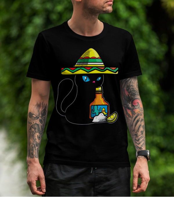 Cinco De Mayo Women With Cat In Sombrero Holding Tequila And Lime T-Shirt