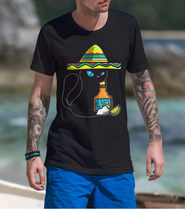Cinco De Mayo Women With Cat In Sombrero Holding Tequila And Lime T-Shirt