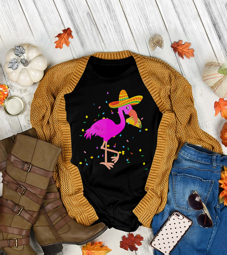 Pink Flamingo Sombrero Taco Mexican Cinco Fiesta T-Shirt
