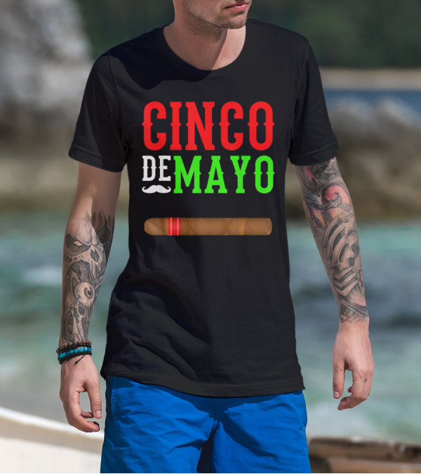 Cinco De Mayo Cigar With Mustache Graphic Funny Mexico T-Shirt