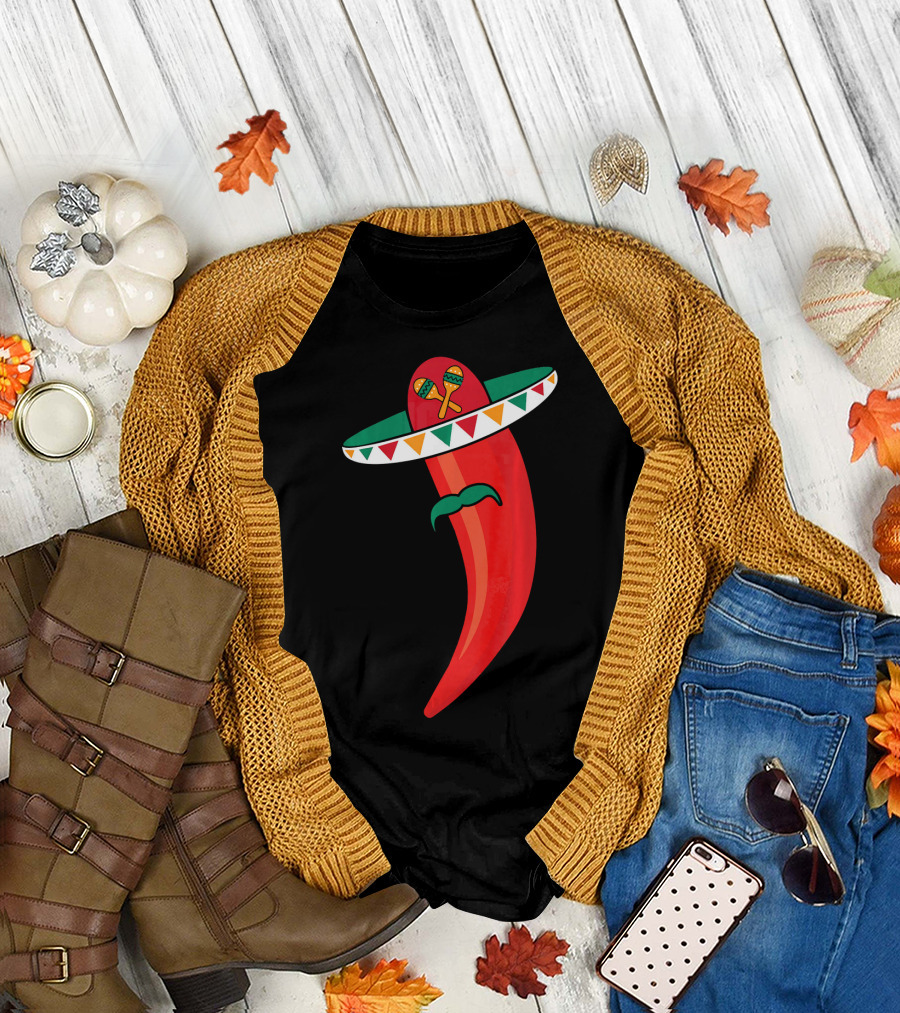 Sombrero Mustache Chili Pepper with Maracas T-Shirt