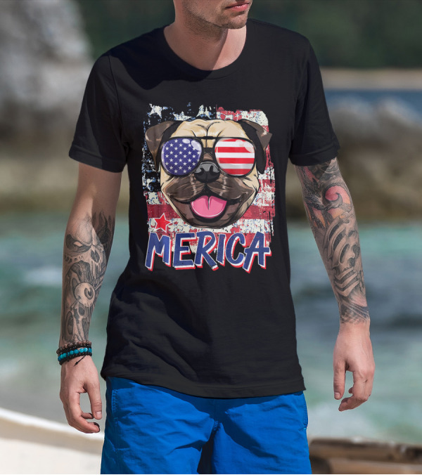 American Flag Pug Dog Merica Sunglasses USA T-Shirt