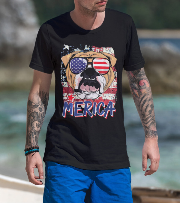 Merica Bulldog With American Flag Sunglasses T-Shirt