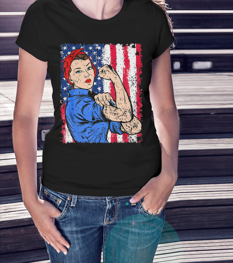 Rosie The Riveter Feminist Patriotic USA American Flag Iconic Empowerment T-Shirt