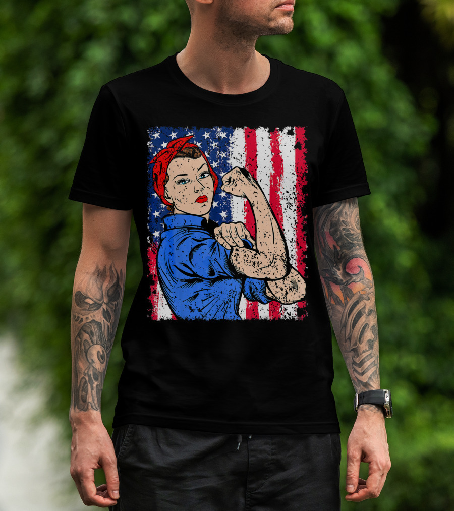 Rosie The Riveter Feminist Patriotic USA American Flag Iconic Empowerment T-Shirt