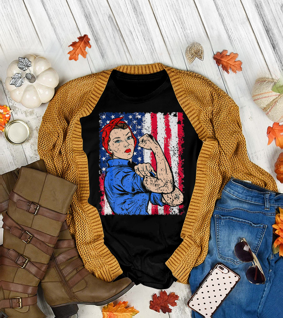 Rosie The Riveter Feminist Patriotic USA American Flag Iconic Empowerment T-Shirt