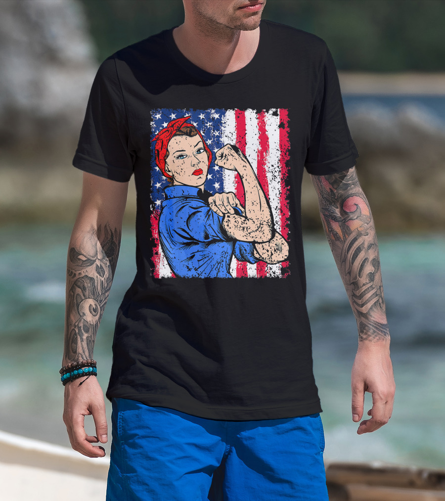 Rosie The Riveter Feminist Patriotic USA American Flag Iconic Empowerment T-Shirt