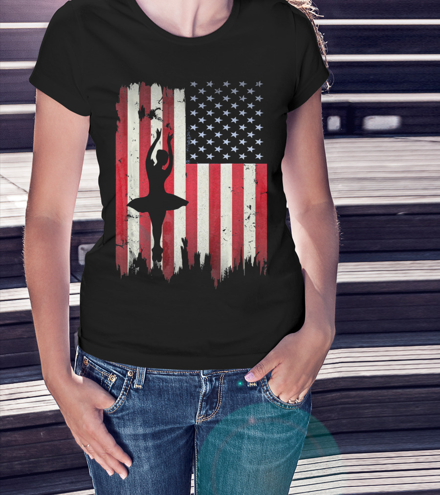 Ballerina Silhouette With American Flag Ballet USA T-Shirt