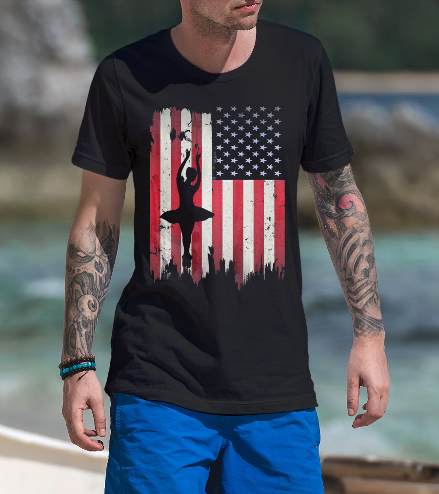 Ballerina Silhouette With American Flag Ballet USA T-Shirt