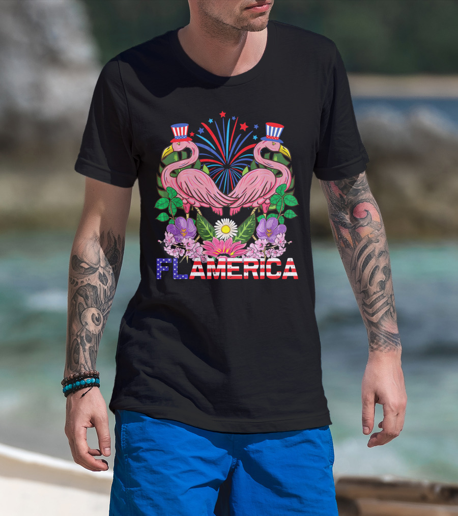 Flamerica Flamingo Fireworks Uncle Sam Hat Botanical T-Shirt