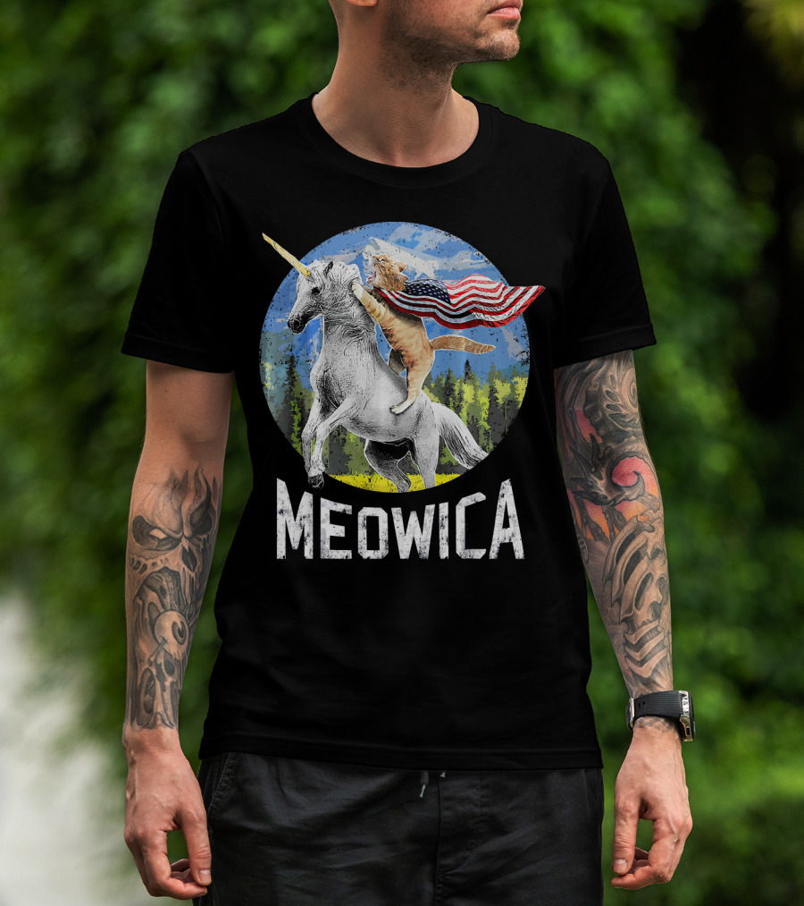 Meowica Cat Riding Unicorn With American Flag T-Shirt