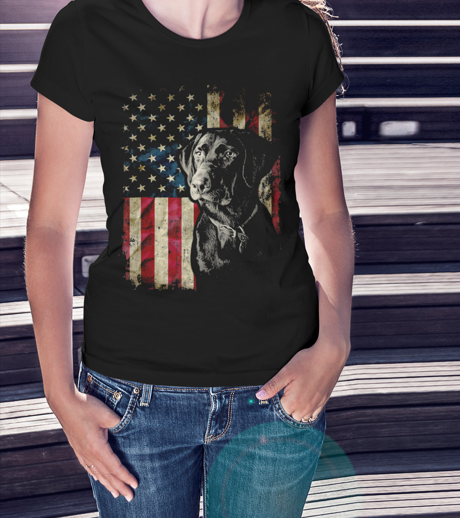 Patriotic Labrador Retriever With American Flag Background T-Shirt