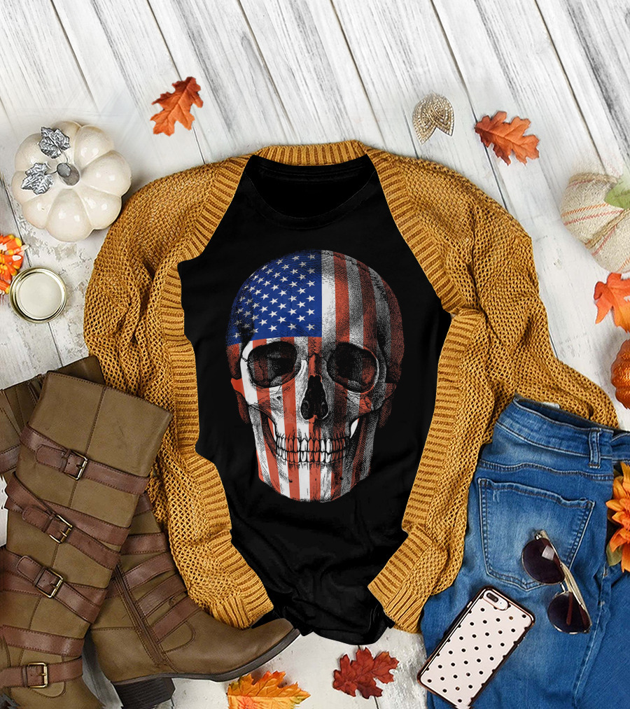 Sugar Skull American Flag Patriotic 4th Of July T-Shirt