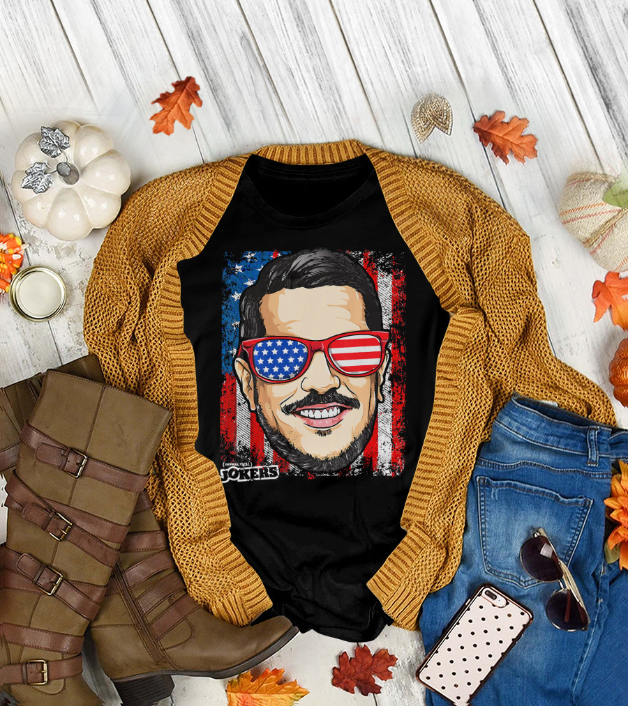 Impractical Jokers Patriotic Sal American Flag Sunglasses and Smiling Face T-Shirt