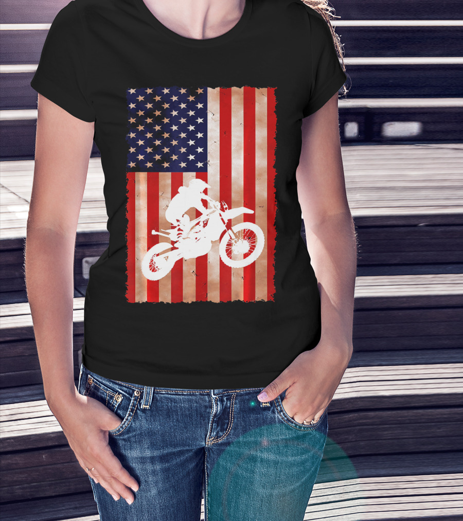 Dirt Bike Motocross American Flag Patriotic Ride USA T-Shirt