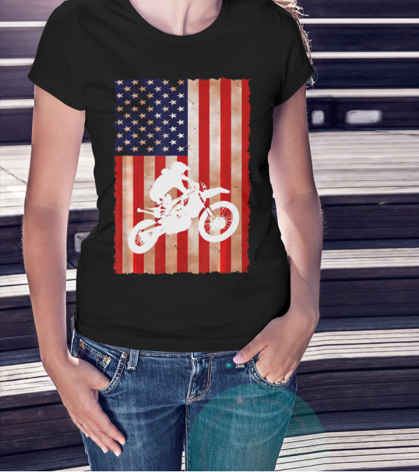 Dirt Bike Motocross American Flag Patriotic Ride USA T-Shirt