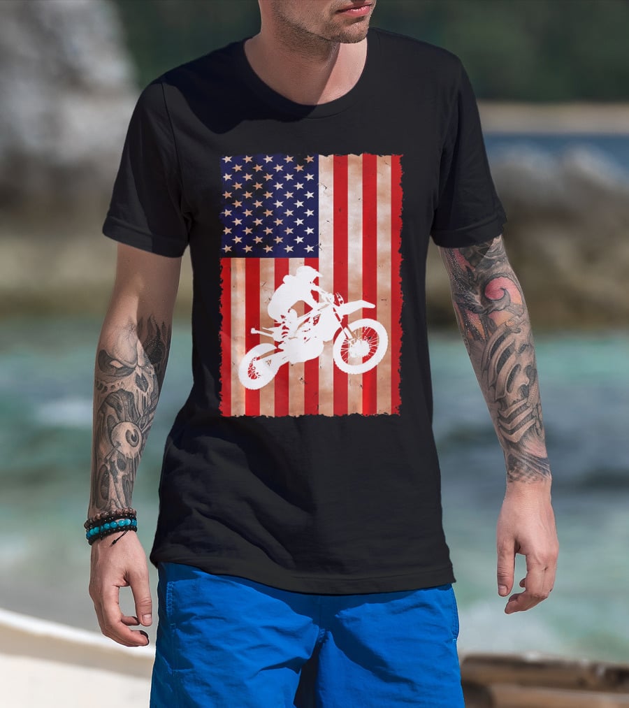Dirt Bike Motocross American Flag Patriotic Ride USA T-Shirt