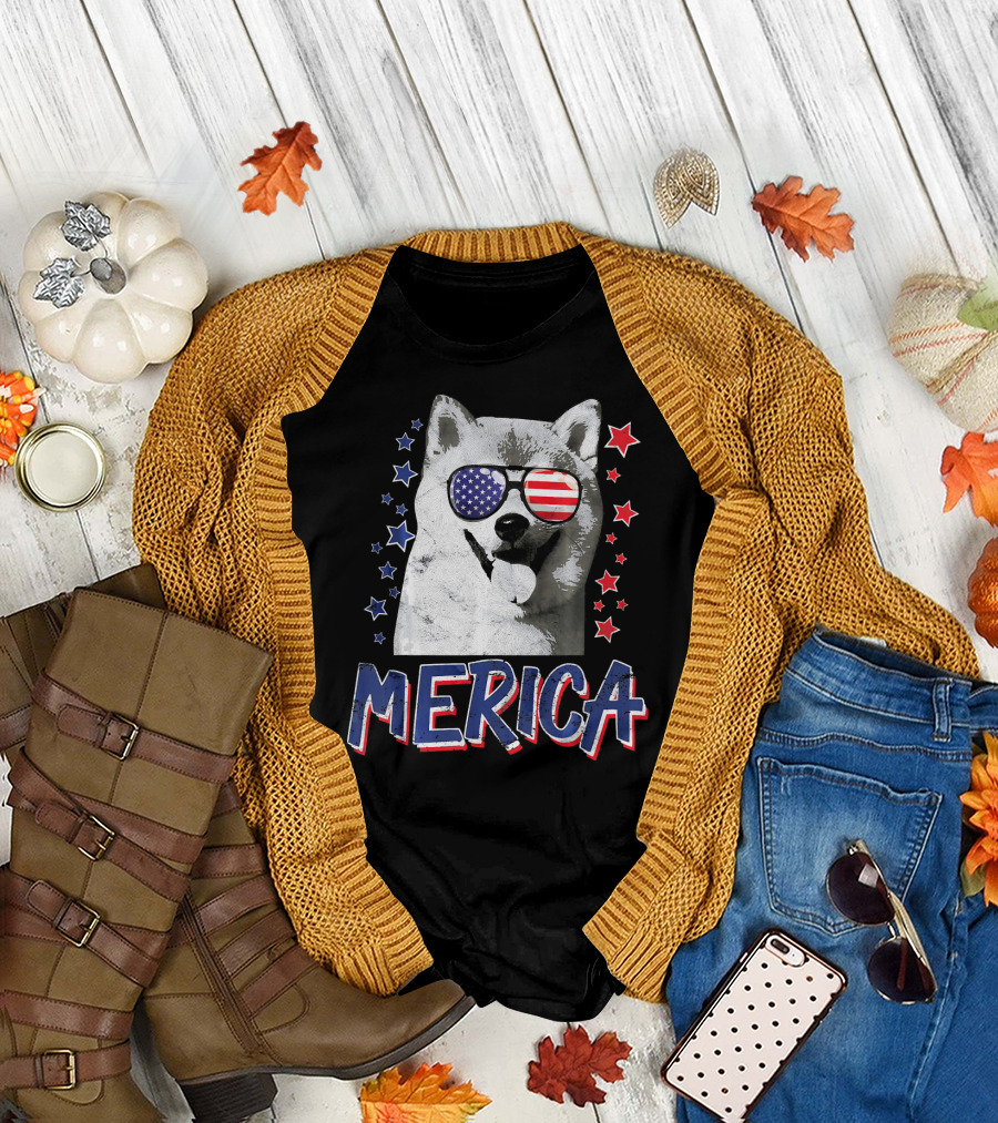 Merica Shiba Inu Dog Patriotic USA Stars and Stripes Sunglasses T-Shirt