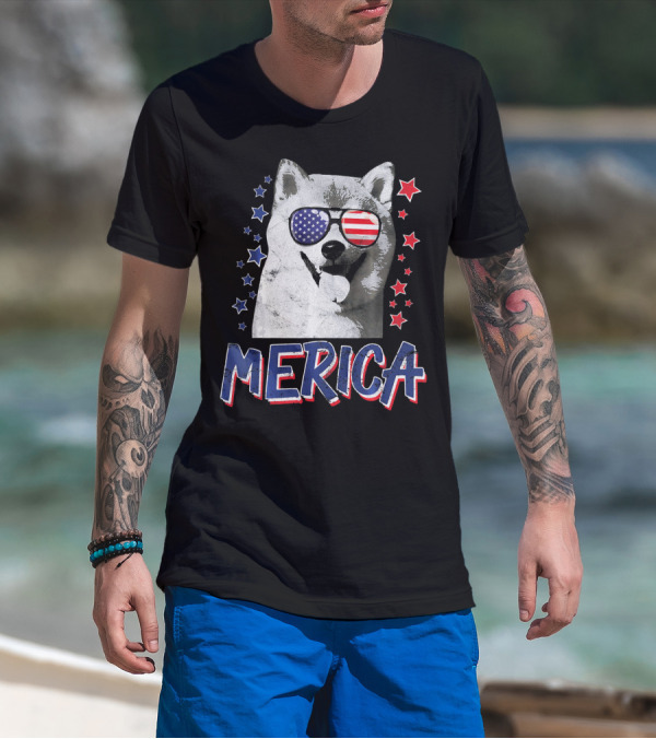 Merica Shiba Inu Dog Patriotic USA Stars And Stripes Sunglasses T-Shirt