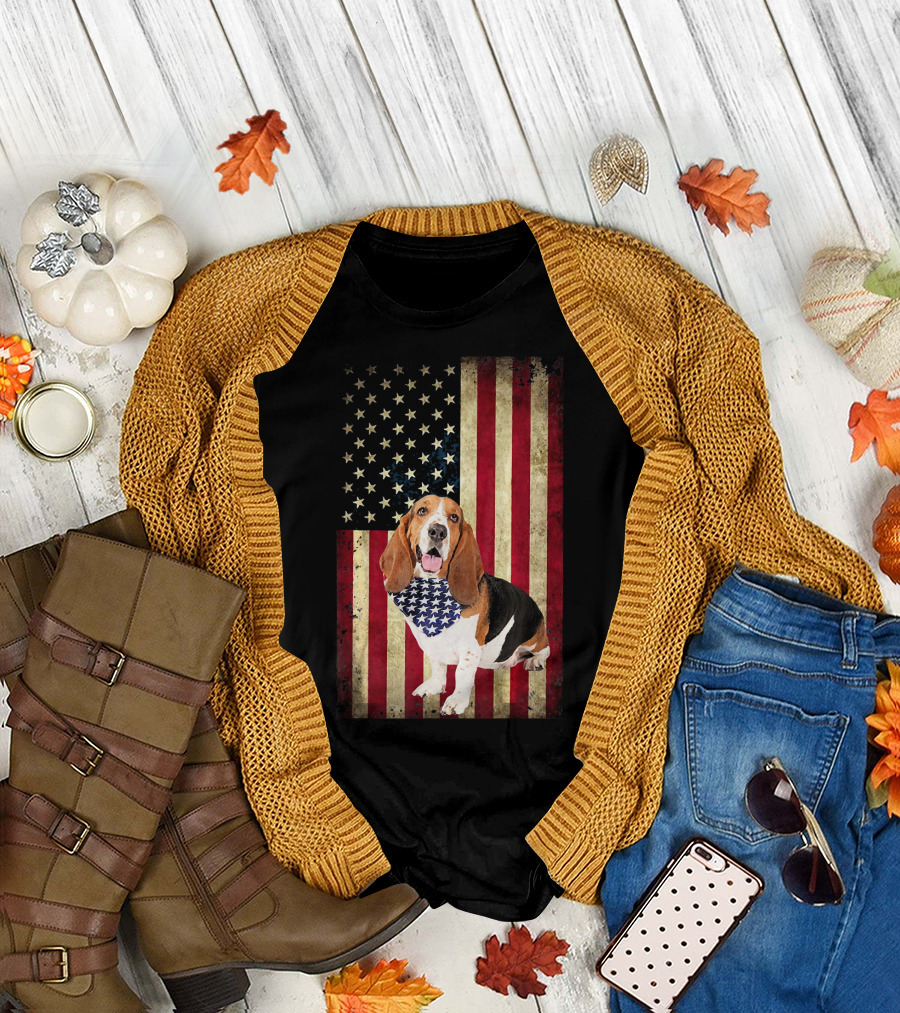 Basset Hounds Patriotic Dog Bandana American Flag 4th of July T-Shirt