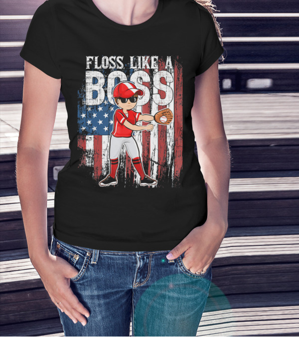 Floss Like A Boss American Baseball Spirit With Flag Background T-Shirt