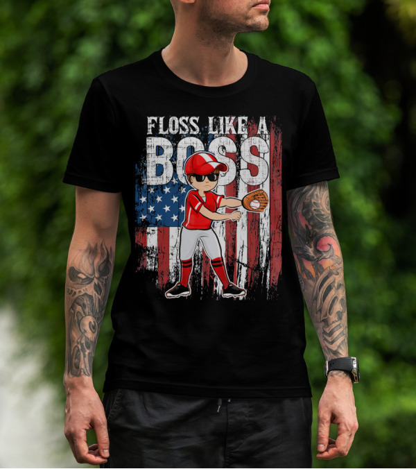 Floss Like A Boss American Baseball Spirit With Flag Background T-Shirt